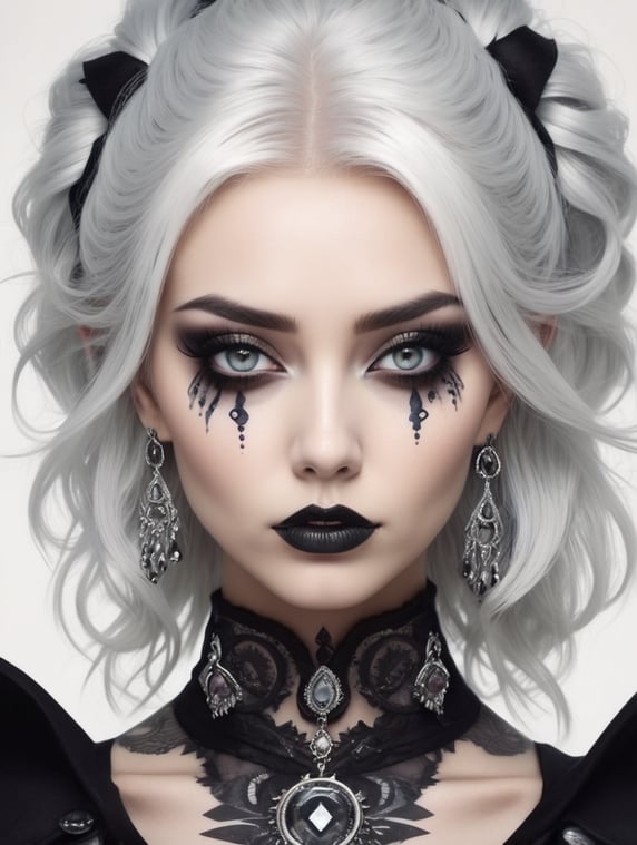 Gorgeous, youthful lady, smoky teary eyes, vivid, trippy, comic-style ink art, alt, goth, satanic, alternate fashion, punk, white hair,