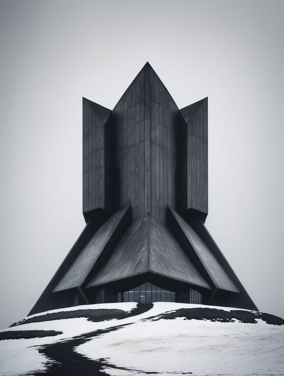 Ultra wide angke cinematic photo of a mesmerically moody dark and gloomy massively monolithic scandinavian minimalism brutalist futuristic structure on an icelandic norwegian scandinavian mountain exterior between two worlds with snow mist and fog and dust styled