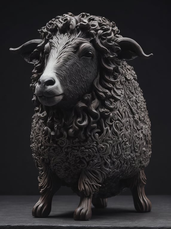 Small ebony carved sheep statue, handmade, clear details, professional woodcarver work