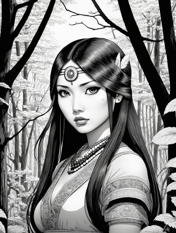 Pocahontas, Illustration, Manga, Horror, B , Japanese, style of Junji Ito; Pocahontas, Illustration, Manga, Horror, B , Japan, style of Junji Ito