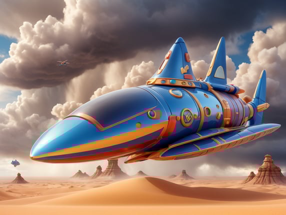 Isometric shiny spaceship is flying through stormy clouds over sand desert