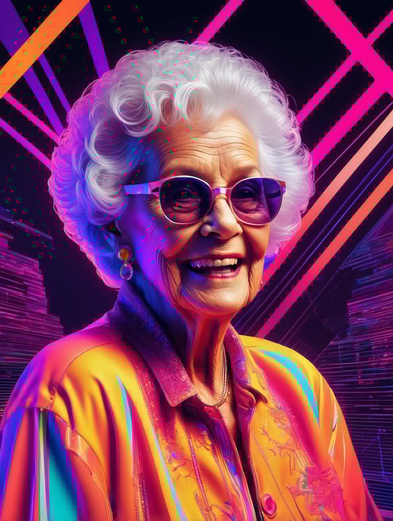 Grandma at the disco, synthwave, blacklight, psychedelic, neon line art, glitch art, figurative art, geometric art, conceptual art, pop art, ultra detail, dynamic composition, dynamic contrast, surrealism