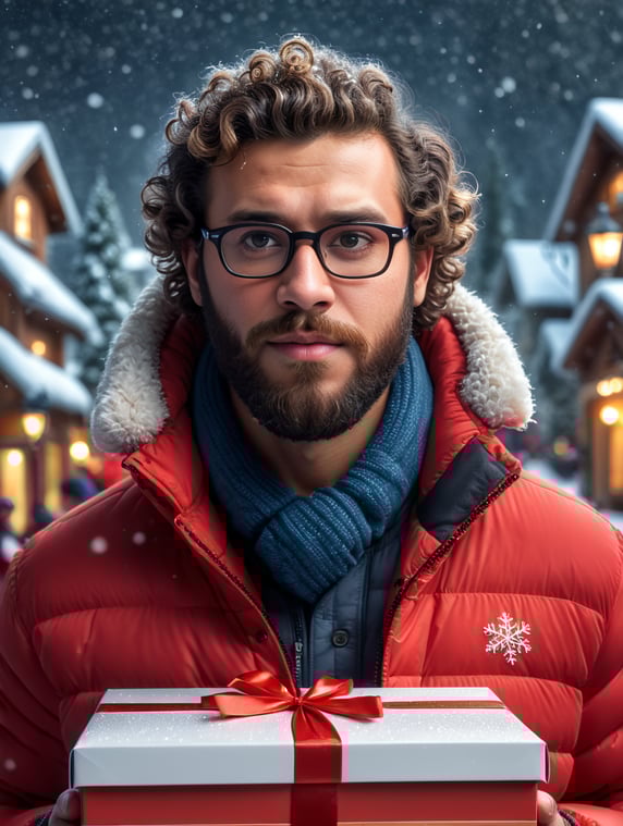 portrait of a bearded curly man wearing red puffer jacket, reeding glasses, stands front camera with gift box his hand, snowy weather, Christmas time, blurry background