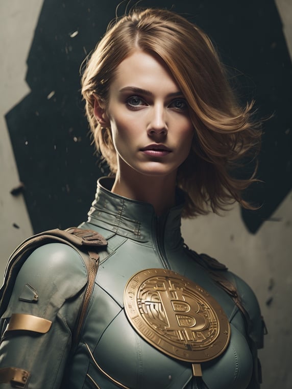 woman superhero with a Bitcoin coin head
