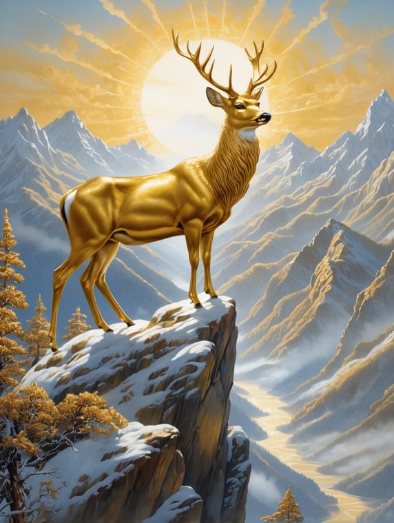 A gold deer standing on top of a mountain, in the style of realistic depiction of light, jody bergsma, xu bing, symbolic iconography, trompe - l'œil illusionistic detail, xmaspunk, arthur sarnoff