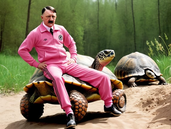 Adolf Hitler in a pink tracksuit riding a turtle; Adolf Hitler in einem pinken Trainingsanzug, der auf einer Schildkröte reitet