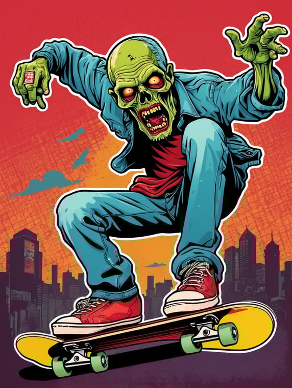 Pop art illustration, sticker, zombie skateboarding