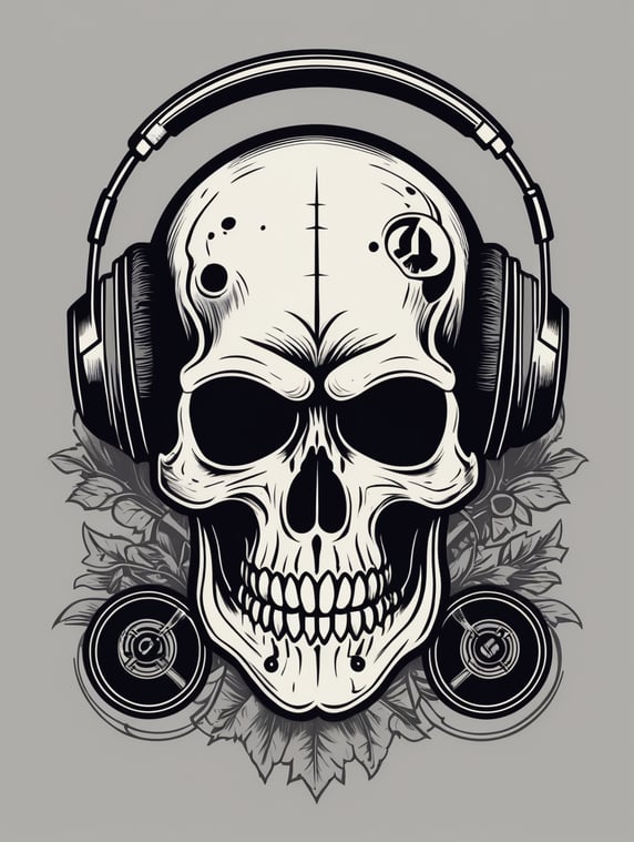 Black and white game over Skull Gaming Logo, linocut, vintage dead head or skull of gamer in headphones, vector image
