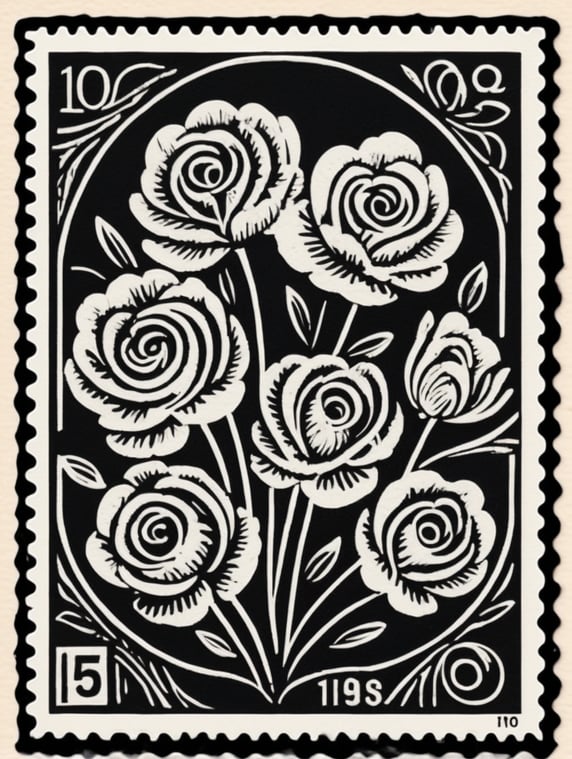 Black and white linocut postage stamp Valentine's Day thick bold dark lines