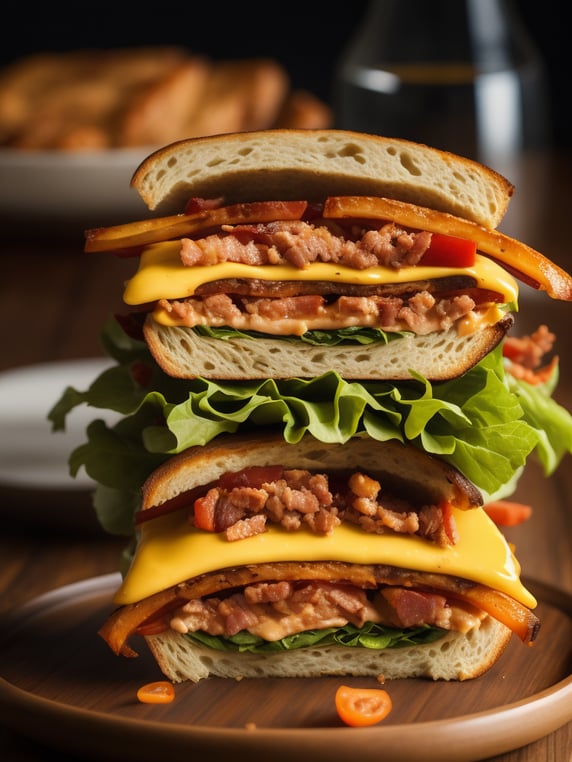 A mouthwatering club sandwich captured in high definition, featuring layers of crispy bacon, juicy luncheon meat slices, fresh lettuce, ripe tomatoes, and melted cheddar cheese, oozing with creamy mayo and mustard, on lightly toasted whole-grain bread, Photography, macro lens f 2.8, --ar 1:1 --v 5.
