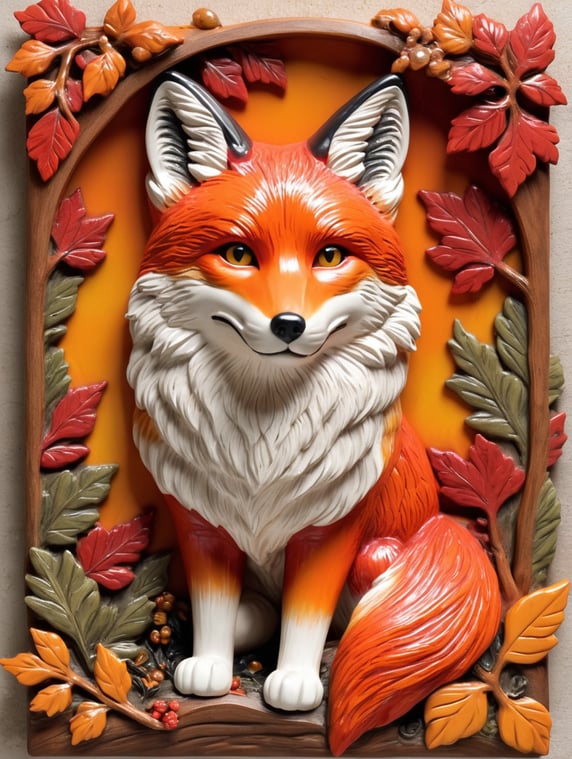 Envision a playful red fox in 3D bas-relief, its bushy tail and mischievous eyes full of charm. The piece showcases an autumn forest scene, with vibrant reds and oranges, and a forest floor border covered in fallen leaves.