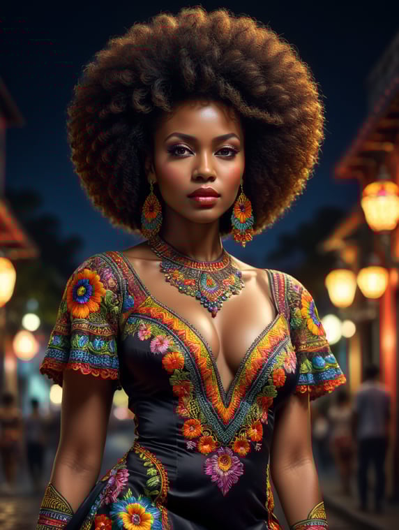 Beautiful hot black woman with afro hairstyle, wearing a colorful, vibrant, detailed embroidered dress, medium-full shot, at night
