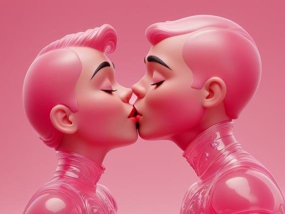 Kiss Art: Two pink translucent wax figures kissing each other, isolated, pink background