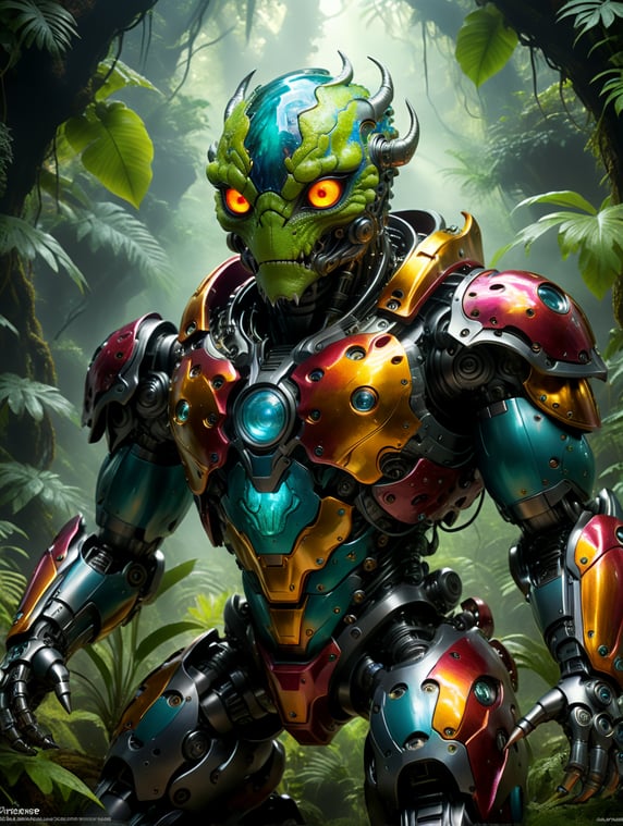 (masteriece, best quality:1.4), super fine concept art, inspired by Kim Keever | cryengine, eye-catching, acidic and luminous colors, intricated, hyperrealistic, insanely meticulous detailed biomechanical chameleon symbiote robot, polished metallic body , robotic parts, metallic luster, lusty, phosphorescentaura aura gas:1.5, filigree, full-body, action pose, hard surface, flash, glow, massive, meticulously detailed jungle background, epic, cinematic image, 32K, UHD, octane render, luminism