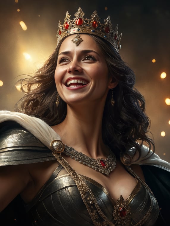Fighting smiling looking woman with crown and cape looks up, dramatic lighting,