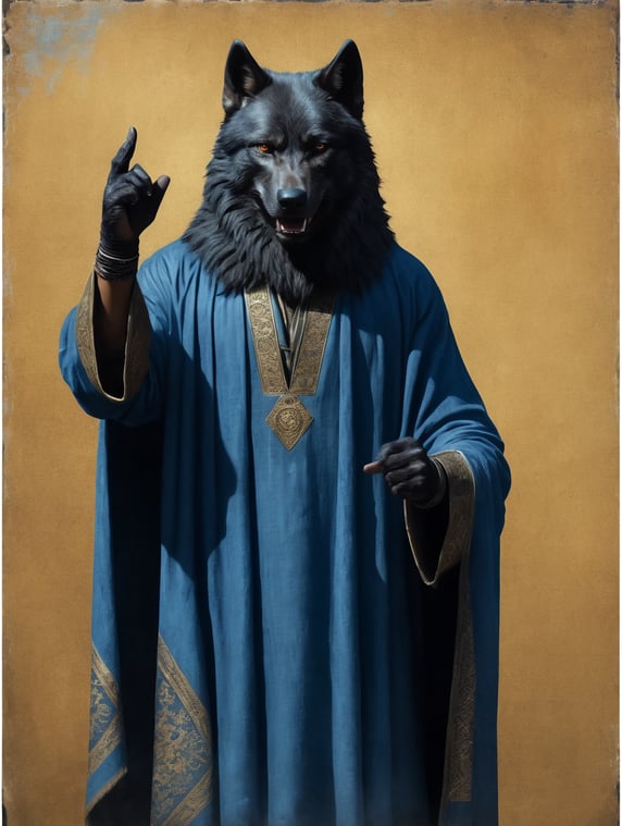 icon painted by Leonardo Davinci, portrait of a human with a black angry Wolf head, clothes in a blue coverlet, hand crossing fingers, glow around the head in the form of a triangle
