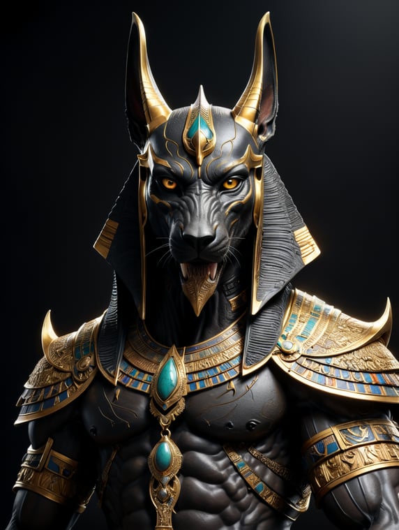 Egyptian god Anubis, dark style, sharp on details, black background