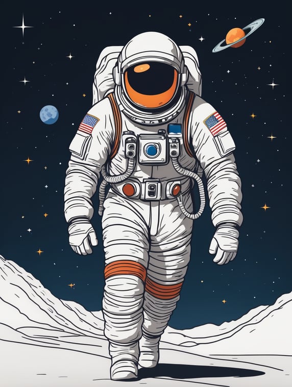 Santa Claus wearing an astronaut suit while doing the moonwalk. Simple line drawing with 5 colors.