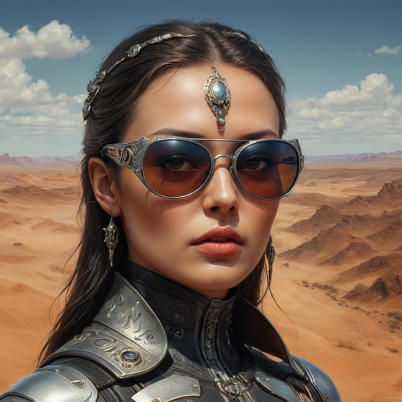 A futuristic clad woman, her face slightly hidden behind mirrored sunglasses reflecting the sprawling desert around her, rendered in the avant-garde portraiture style reminiscent of artists like Andrey Remnev and Caras Ionut with daz3d influence, close up shot, ultra-high-definition image, filled with tones of silver casting an ethereal glow against the stark amber desert backdro