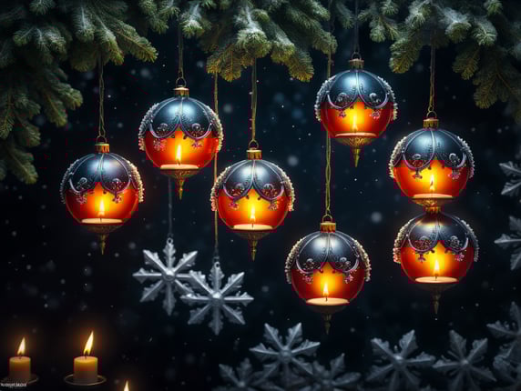 five christmas tree balls on long string, snow, candle