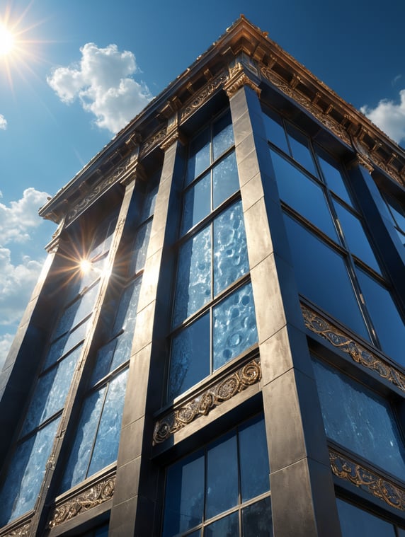 Close up view of the transparent sealant on Exterior Facade of a building, blue sky, and bright sunlight