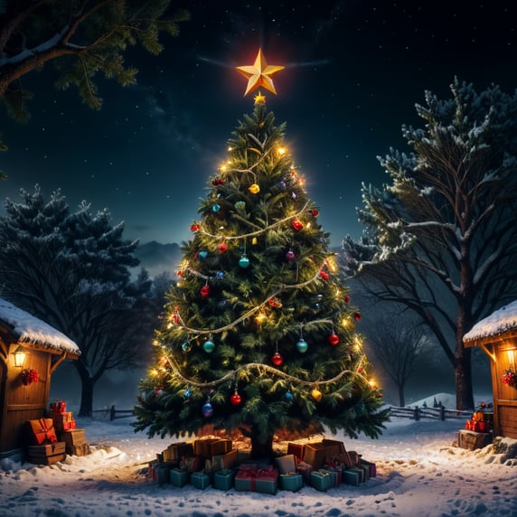 A New Year's tree decorated with beautiful toys and garlands stands at night in the yard. At the top of the tree - a red star. There is snow. Festive mood is created by the stars in the sky.