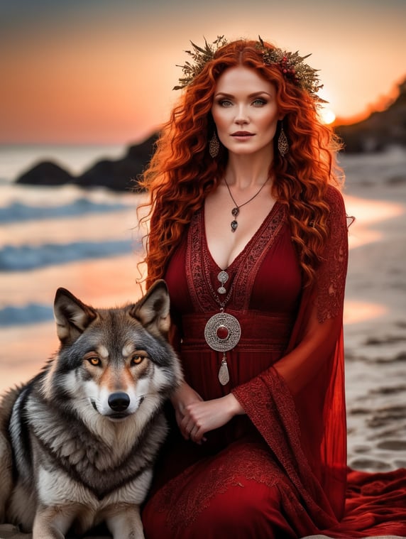 mother Wiccan goddess wearing red boho fashion, looks like actress Brigid Brannagh, Curly Red hair. It is dark.A grey wolf sits with her. they are lit by a large beach bonfire at night,