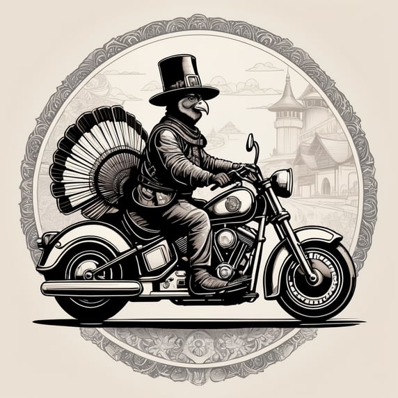 an illustration of a turkey with a pilgrim hat riding a motorcycle, 2d circular design, ink and pen illustration