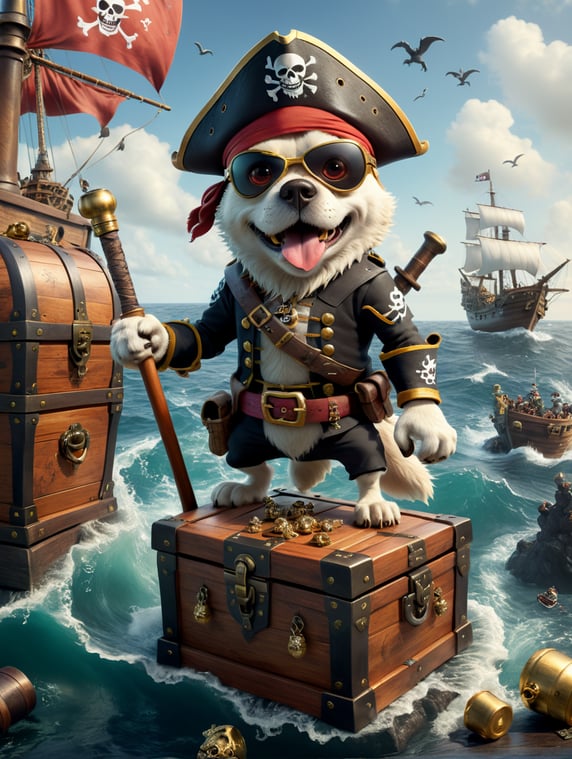 A 3d render of funny dog armed with pirates weapons in style of Clash of Clans. Wearing Pirate captain's hat, an eyepatch and one wooden leg. Stands proudly on a treasure chest and a bottles of captured ghosts. Looking dignified but a bit angry. Add some scattered arrows and sea life creatures on deck. Possesses strength and endurance in battles at sea, Standing on a piece of ocean cut out. Soft colour background studio, photorealistic, Pixar style