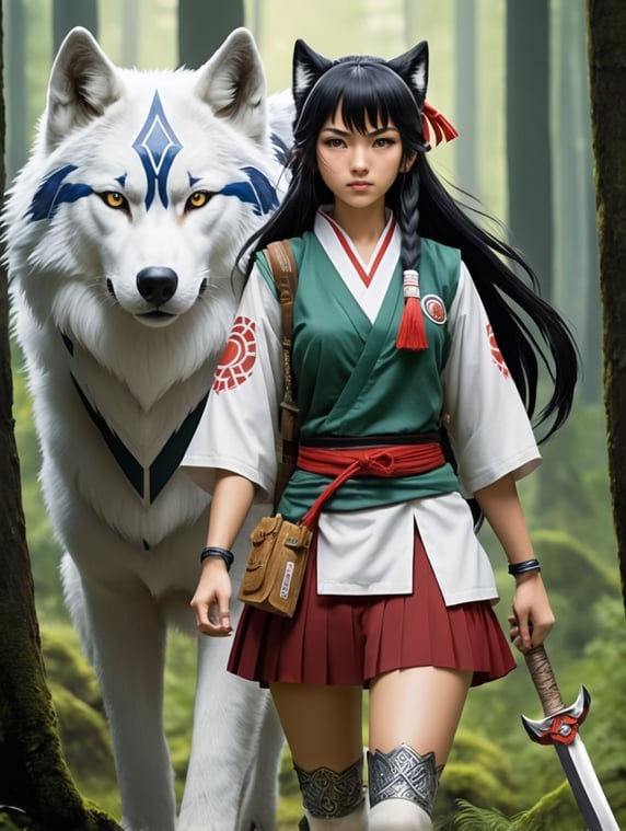 Create a fusion of Princess Mononoke (San) from Princess Mononoke and Kagome Higurashi from Inuyasha, with San's loyal wolf companion standing in the background. The character should have San’s fierce, tribal warrior attire, including fur accents and face markings, combined with elements of Kagome’s school uniform, such as a collar or sash, blending traditional and modern styles. She should hold both San’s dagger and a bow, symbolizing a mix of raw strength and spiritual power. The wolf should appear powerful and protective behind her, exuding a formidable presence. Surround them with an aura that combines Kagome’s spiritual energy with the primal essence of the forest, emphasizing their unity as protectors of nature and spirit.