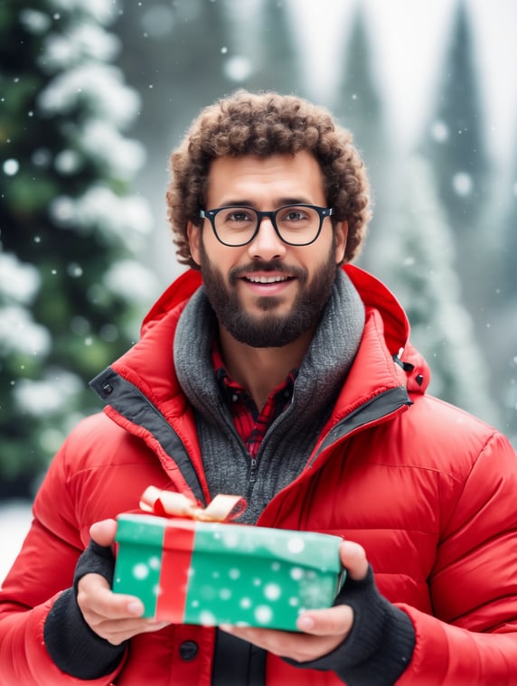 portrait of a bearded curly man wearing red puffer jacket, reeding glasses, stands front camera with gift box his hand, snowy weather, Christmas time, blurry background