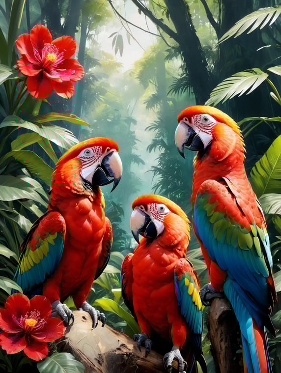 5 parrots sit in the green jungle. 8 red flowers in the thicket. Style Walasse Ting; 5 Papageien sitzen im Grünen Dschungel. 8 rote Blüten im Dickicht. Stil Walasse Ting
