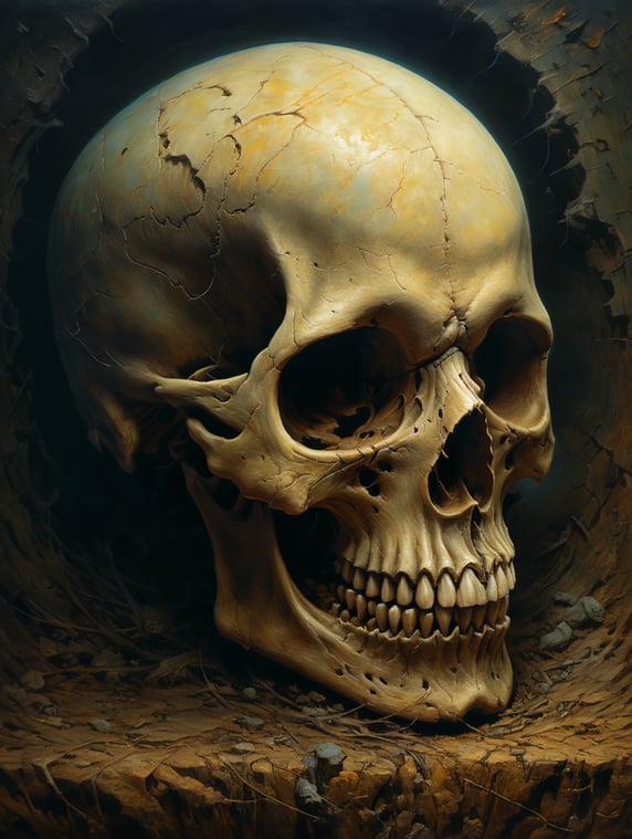 Skull painting by zdzisław beksiński with a cartoonist element to it; Skull painting by zdzisław beksiński with a cartoonist element to it