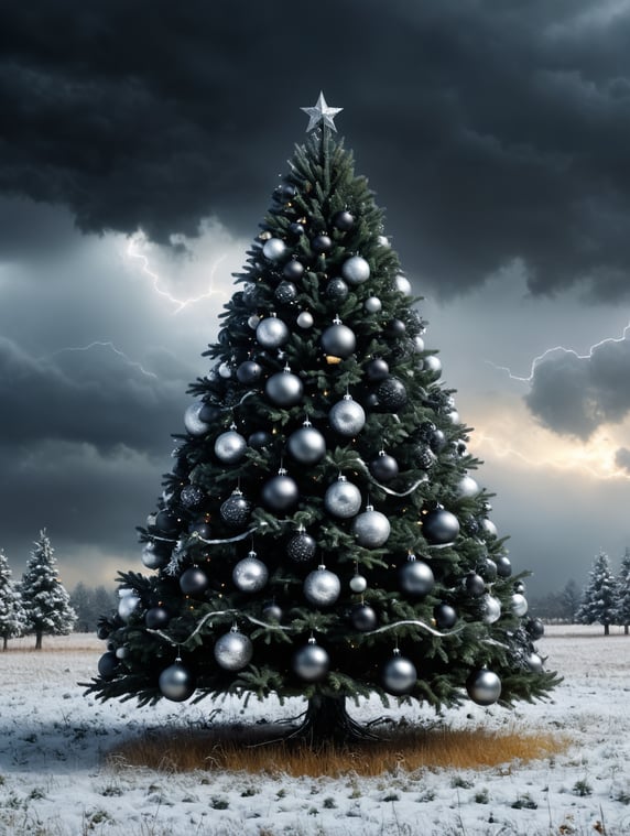 black Christmas tree with silver Christmas balls, in a field with a storm behind it, 4k, full hd, with a spotlight type lighting