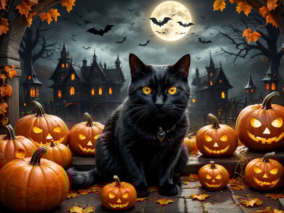 Halloween background with a black cat on the sides and pumpkins. And leave some space in the middle.