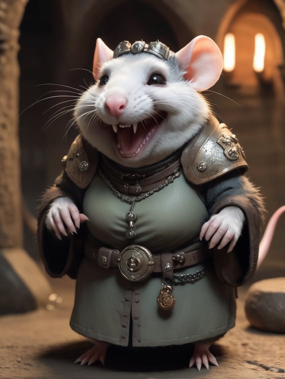FANTASY CREATURE, RAT, WOMAN, CUTE, STUBBY, FURRY, MAGIC FINGERS, LIVING IN A DUNGEON, SARCASTIC SMILE
