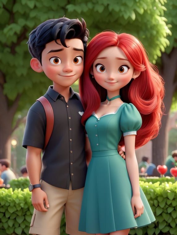boy with short black hair and, girl with long red hair on a date