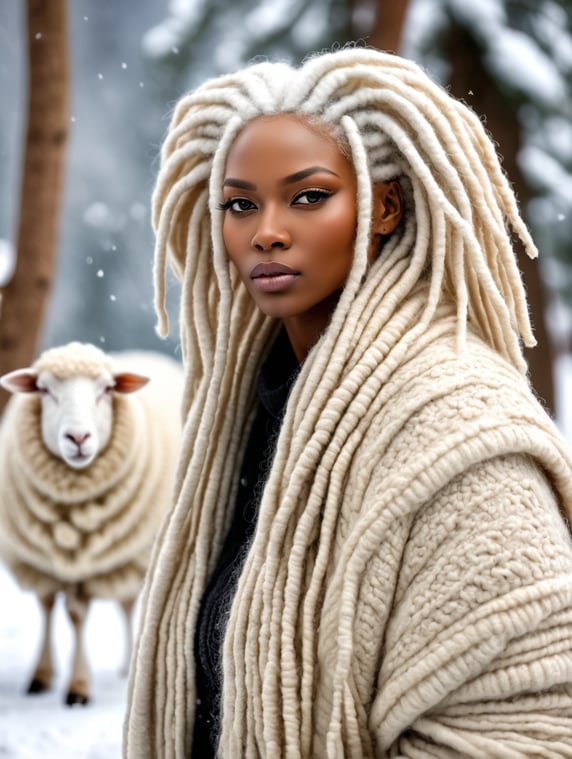Portrait of black model, thick wild giant albino-beige wool dreadlocks. very large, thick beige woolly sheep’s clothes. surrounded by sheep and big wool trees. wool snow falling. everything is made out of sheep’s wool. model matches the sheep. snowy mountain top