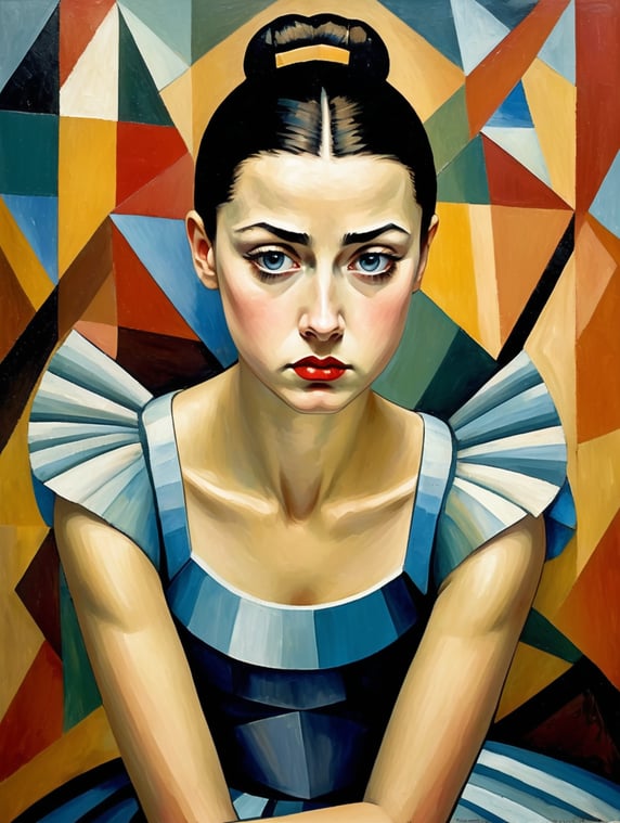 Ballerina with a sad face, Painting, Oil, Tempera, Portrait, Cubism, style of Alice Bailly