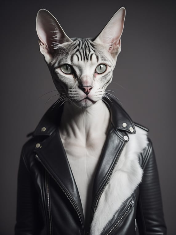 bold white sphynx cat with tattoos wearing a black biker leather jacket