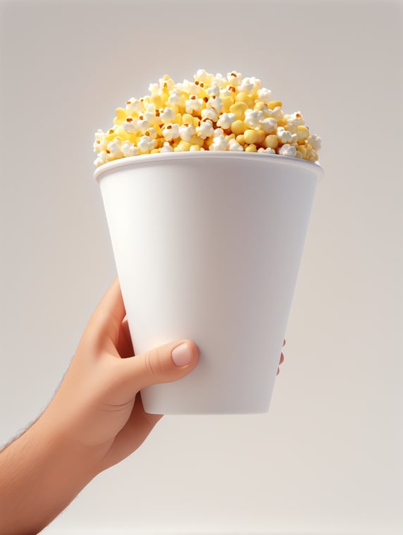 A cartoon hand is holding a popcorn cup, cartoon, 3d render, soft light, white background