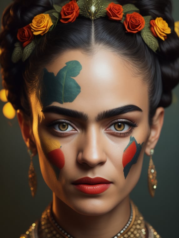 FRIDA KAHLO COLOR PHOTOGRAPHY PORTRAIT, HYPER REALISTIC, PHOTO REALISTIC,beautiful photograph, an ultra high definition close-up photograph, sharply focusing on the intricate details, Use a Leica Summicron-M 28mm f 2.0 Lens, FRONT VIEW