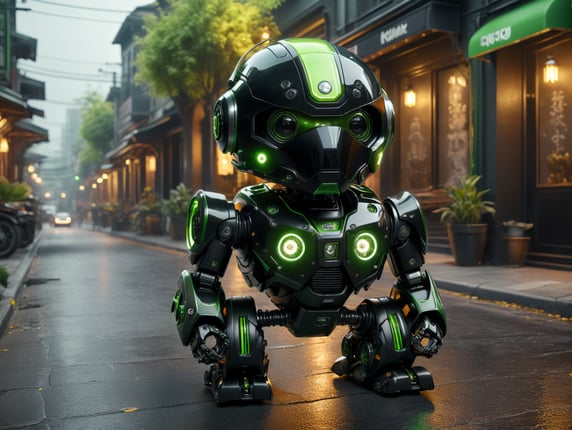 a black and green cute robot with neon lights in a helmet in front of a camera, octane render, polished craftsmanship. walking a street with a robotic dog