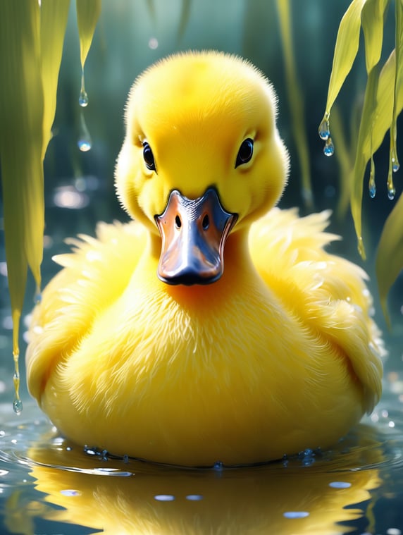 Adorable fluffy yellow duck on bioluminescent iridescent, background, white glow enchanted ethereal lake, energy of love, soft lighting, sharp focus, by Marc Simonetti, Yoji Shinkawa and WLOP, paint drops, rough edges, artstation trends, studio photo, complicated details, very detailed