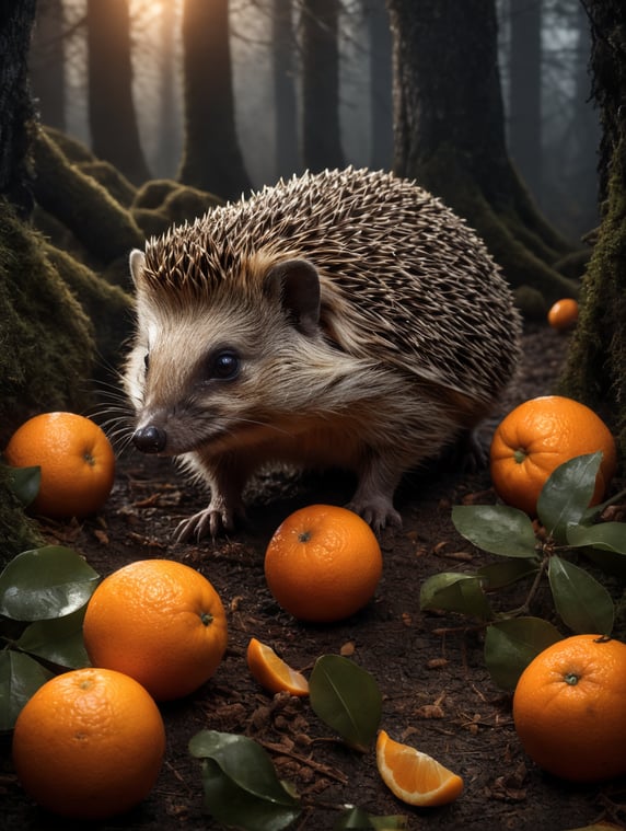Hedgehog collects oranges in the forest