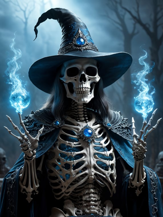 skeleton wearing plain black witch hat standing blue magic lighting spells coming from hands, fantasy style
