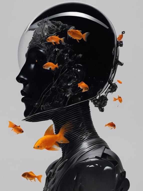 Surreal portrait, Cybernetic Biotech Peace Keeper with a fishbowl head with goldfish inside, biotech gear, armor made of bioluminescent black liquid mercury dripping upwards, cape flapping in the wind, cinematic lighting, Moebius and Pierre Soulages, hyperrealism, vibrant fantasy sci-fi realism, high-contrast