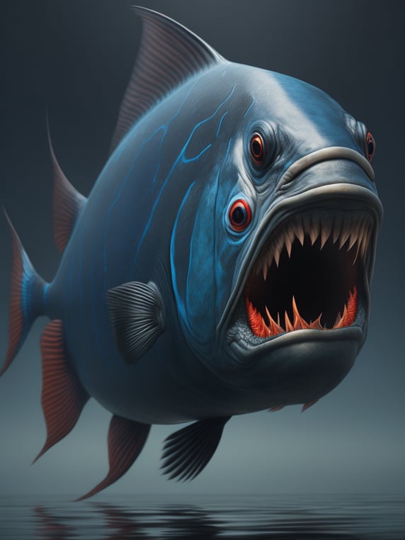 Giant blue fish from another planet in dark water with red eyes