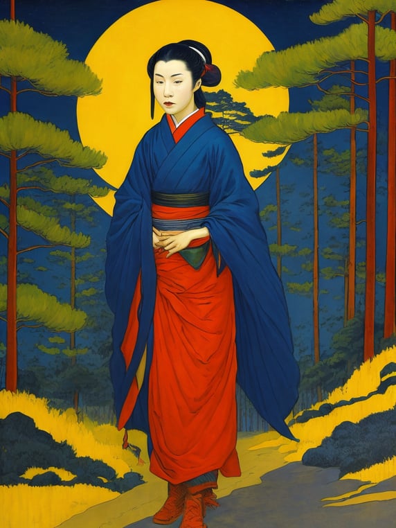 Painting of a geisha with european features entering a japanese pine forest, by range murata, a big red sun in the background, stunning, matted, paul gauguin, van gogh