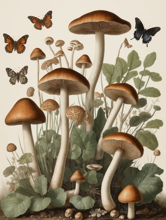 Mushrooms, butterfly botanical illustration from an ancient encyclopedia oil painting